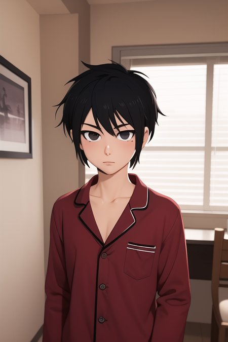 masterpiece, best quality, high quality, 1boy, solo, male focus, looking at viewer, upper body, <lora:hatz_kami_no_tou:0.64>, hatz_kami_no_tou, black hair, black eyes, , pajamas