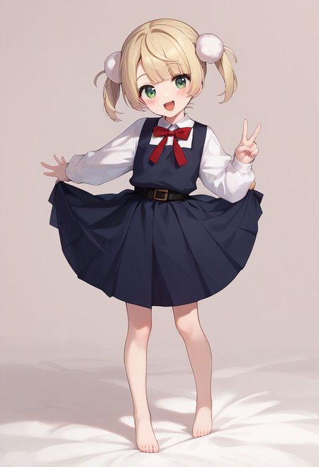 score_9, score_8_up, score_7_up, score_6_up, score_5_up, score_4_up, source_anime, masterpiece, 
fair skin, cute, young, petite, thin waist, beautiful legs, barefoot, blushing,
look at viewer, from front, straight-on, full body view, 
shigureui-requiem,shigure ui \(vtuber\),green eyes, blonde hair,short hair,twintails,pom pom hair ornament,pinafore dress,
kneeling, spread legs, standing, double piece, peace fingers,
