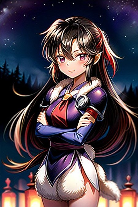 best quality 1girl Setsun4 solo long hair,  (night time) forest background black hair very long hair purple eyes multicolored hair armor, small, (fur trim) (medium body),<lora:EMS-179-EMS:0.800000>,<lora:EMS-293862-EMS:0.800000> bow, hair_bow, hair_tubes, red_bow, brown_hair, long_hair, bangs, ascot, frilled_bow, yellow_ascot, blush, smile, hair_between_eyes, athletic, armor, miko, strengthmda, crossed arms,