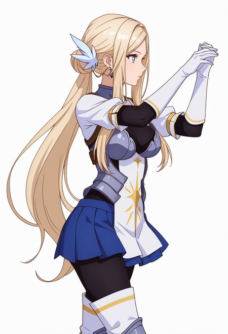 Smooth Quality,masterpiece,very intricate, high quality details, ultra realistic, high detailed skin,detailed enviorement,absurdres,
simple background, white background, dancing, solo,from side,
 <lora:Krishna_CNR:0.8> krishna_cnr, 1girl,blonde hair,very long hair,single hair bun, sidelocks, parted bangs, blue eyes, breasts,white hair ornament, earrings,armor, breastplate, armored dress, blue skirt, pleated skirt,white gloves, black pantyhose,white thigh boots,, color drain,, + +,