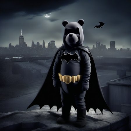 a liveaction winnie the pooh  wears a batman outfit, fights crime, gothamcity background, batman sign in the sky<lora:Winnie1024:0.8>