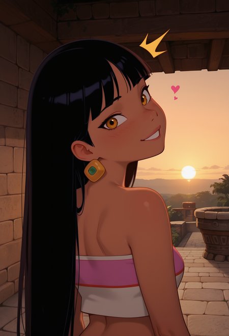 masterpiece, best quality, cinematic lighting, amazing quality, very aesthetic, absurdres, best quality, 4k, upscale, melanch0ly, hearts, detailed pupils, well drawn eyes, brown eyes,
chel, portrait, crop top, looking at viewer, smile, cute, looking back, head tilt, ^^,
bedroom, sunrise, dark lighting, warm lighting, front view,
 <lora:Chel_IL:0.8>