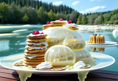 {foodphoto, a stack of pancakes made out of slime, (slime pancakes:2.5), slime syrup, slime pancakes covered in syrup, a swirl of slime whipped topping on top of a stack of pancakes, (slime whipped cream:2.5), (tan slime pancakes:2.5), (white slime topping:2.5)}, 
plate made of slime, table made of slime,
natural light, no bright spots, 
((translucent slime)), ((transparent slime)), made of water, (bioluminescent slime), sl1m3d, slime, slime-morph, ais-blmn, saturated colors, no creatures, no humans, no monsters, no pokemon, scenery only, scenery, no slime creatures,