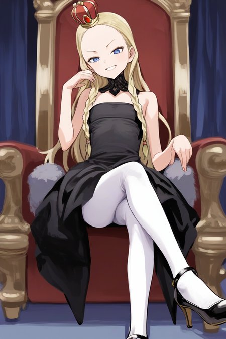 score_9, score_8_up, score_7_up, source_anime, rating_safe BREAK
naughty grin, blonde hair, braided bangs, long hair, gold mini crown, blue eyes, forehead, flat chest, black dress, white pantyhose, black shoes, (ojou-sama pose:0.8), sitting, crossed legs, high heels, royal throne, luxurious living room