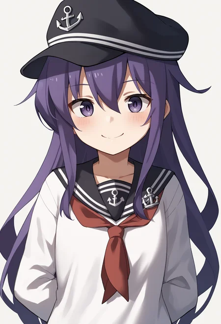 score_9, score_8_up, score_7_up, score_6_up, score_5_up, score_4_up, BREAK, source_anime,
1girl, akatsuki \(kancolle\), purple hair, long hair, hair between eyes, purple eyes,
flat cap, anchor symbol, black sailor collar, black skirt, loafers, long sleeves, neckerchief, pleated skirt, sailor collar, school uniform, serafuku,
hands behind back, smile, upper body, looking at viewer, solo, simple background, white background    <lora:AkatsukiXL:1>