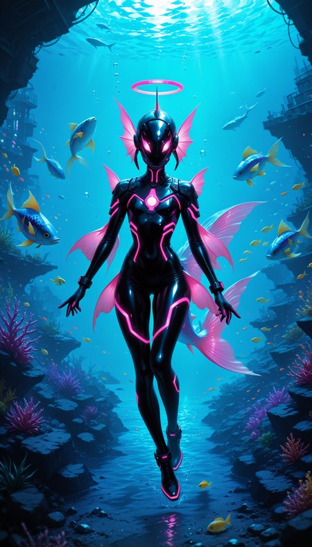 masterpiece, best quality, amazing quality, high-resolution, detailed skin, cheeky, posing, holographic color, vibrant colors,
1girl, (underwater:1.1), ((giant fish coming from behind)), ((monster fish)), fish swimming around, ultra-detailed character, swimming, glowing neon signs in background, flooded cyberpunk city street, stylish outfit (latex dress, sporty crop top and shorts), fish swimming in the foreground,coy pond, coy fish, glowing reflections, expressive eyes, soft neon lighting, cinematic depth of field, high-detail environment, dramatic lighting contrast, confident expressions, glossy textures, playful and alluring mood, pink and blue ambient hues, (halo effect lighting), full body shot
masterpiece, best quality, amazing quality, very aesthetic, absurdres,  newest,  (scenery, volumetric lighting),
zPDXLxxx zPDXL3 <lora:vivid_everclear:0.8> <lora:reij-rt:0.8> <lora:xl_more_art-full_v1_113467:1>
